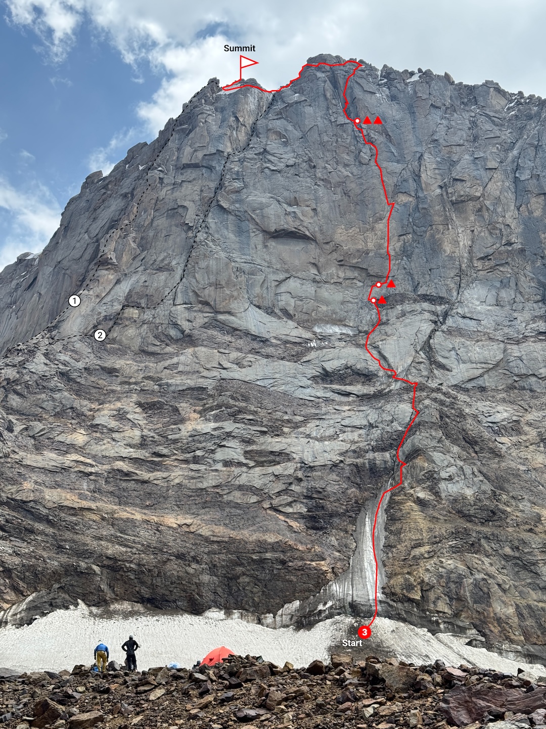 North face of Dioskury Peak (4,884m), Ashat Valley. 1. Northwest Ridge, leader A.T. Gumanny, 1990 2. Large corner of the Northwest Ridge, leader N.E. Petrov, 1990 3. 2025 route. Triangles indicate bivouacs.
