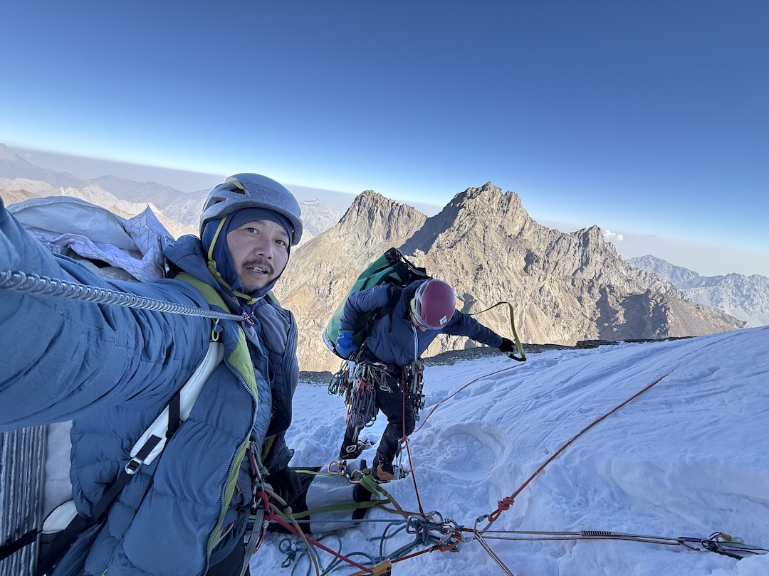 Maxim Ten and Leonid Krupa after completing the headwall, reaching the top of the bastion on the fifth day. 