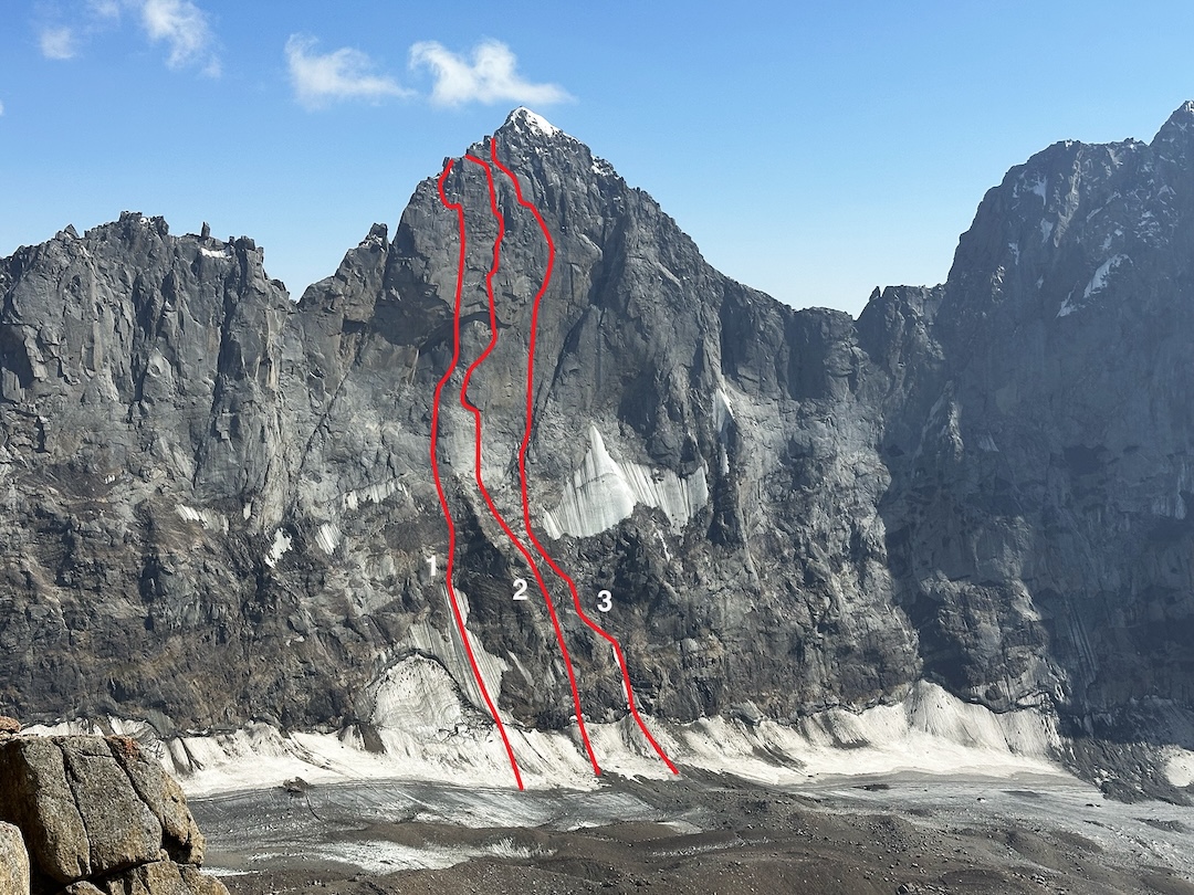 The 1,300-meter north face of Svarog (5,005m) and the lines climbed in (1) 2014, (2) 2021, and (3) 2025. Ice coverage on the face has decreased dramatically in the past decade. 