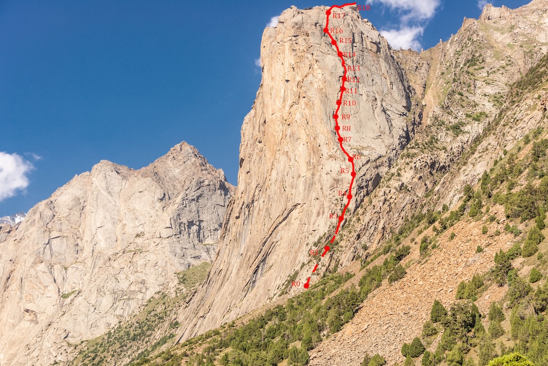 The Popova-Prokofiev route on Yellow Wall. The formation has a total of at least eight other routes, all to the left of the 2025 route. In back are the Silver Wall (left) and Green Wall. 