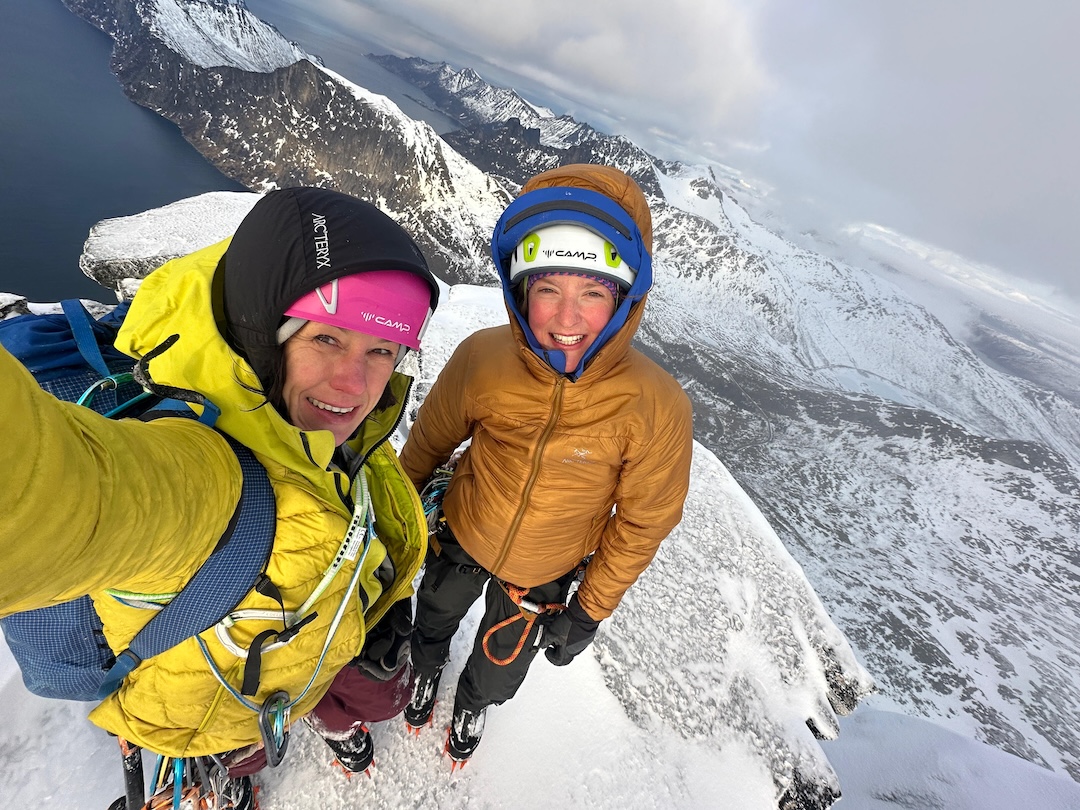 Ines Papert (left) and Amelie Kühne on top of Rainborn, a new route on Breitinden. 
