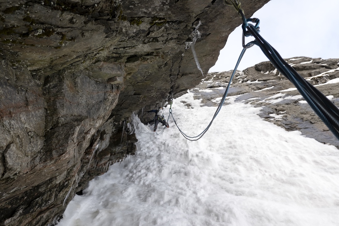 Stian Bruvoll on lead low on No Helicopters on the east face of Breiflogtinden.