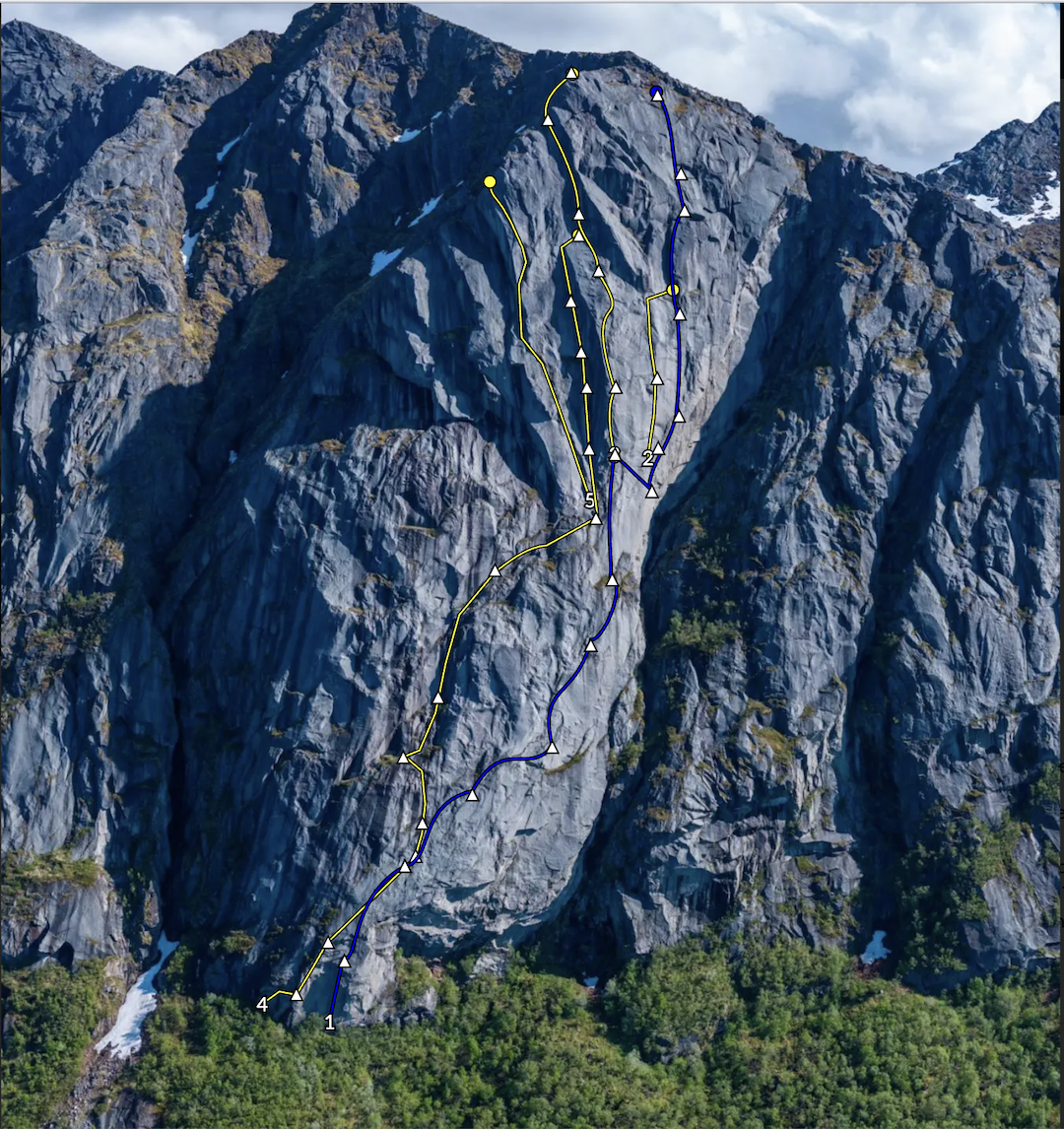 The northwest face of Tromma, showing (1) En tåre for Mikaelsson, (2) Drengkalaset, (3) Høyt i Nord, (4) Once Upon a Time in the Northwest, and (5) Grønlandsveien. 
