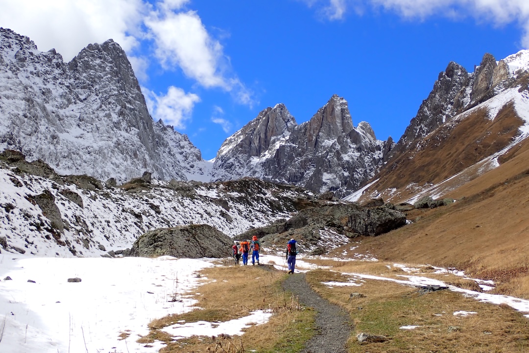 Approaching Asatiani (left center) and Archil Peak (right center) from the east at the end of October 2025.