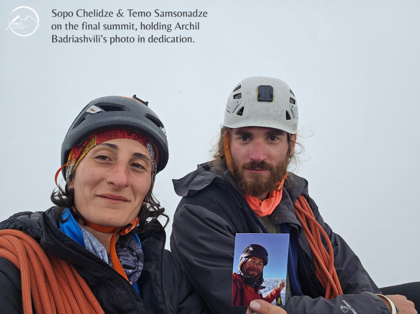 Sopo Chelidze (left) and Temo Samsonadze on the final summit of the 11-peak Chaukhi Range traverse.