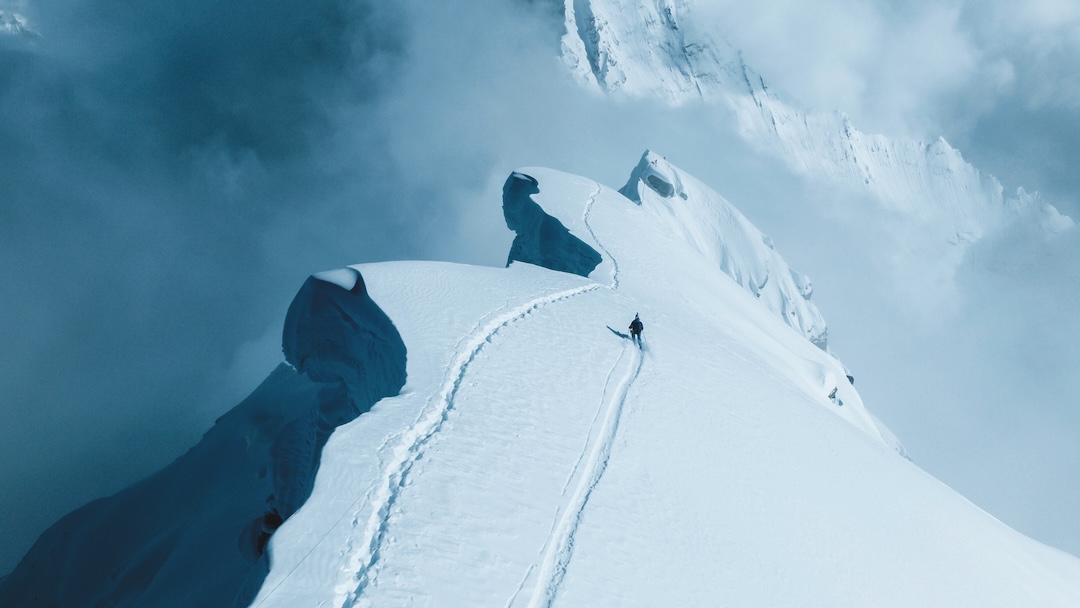 Andrzej Bargiel just below the summit on the southeast ridge of Mt. Everest. He did not use supplemental oxygen for either his climb or descent. The photo was captured from a drone. 