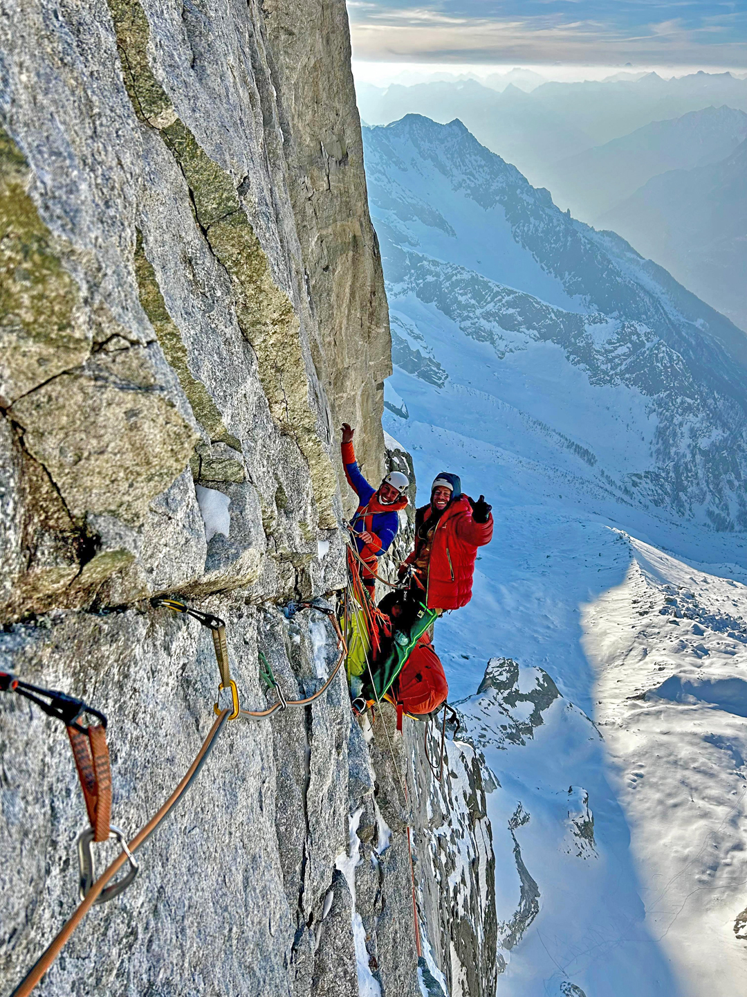 Filippo Sala and Silvan Schüpbach at a belay in the middle of the north face of Punta Pioda. 