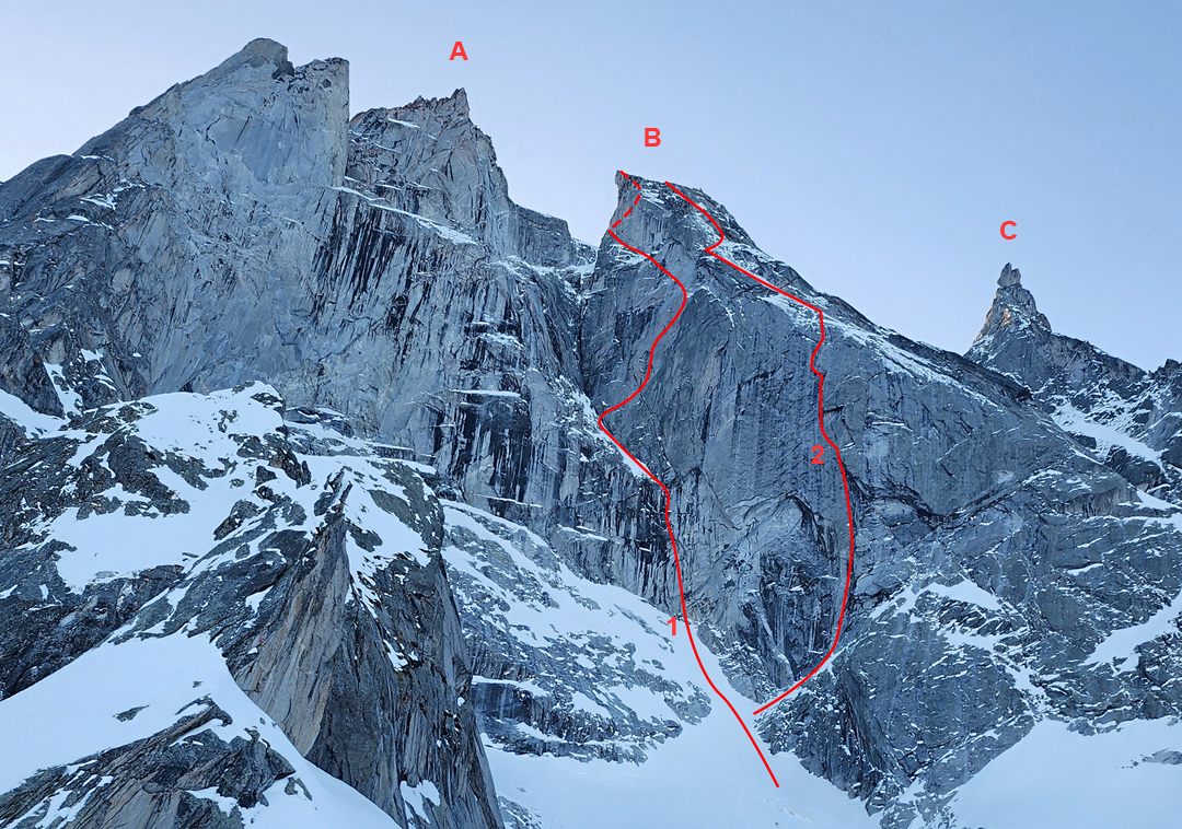 Seen from the north on the approach from the Sciora Hut, (A) Sciora Dafora (3,169m), (B) Punta Pioda de Sciora (3,238m), and (C) Ago di Sciora (3,205m). (1) Luce e Tenebre (2025). (2) Belica-Obuch (1980). Other routes are not marked. 