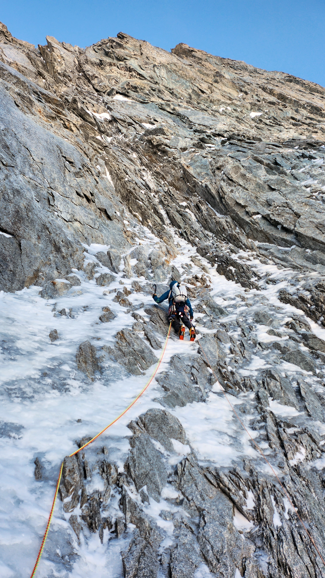 The last section of Jin-Go-Lo-Bar before the new variant, You Didn't Ask, which follows a harder, more direct finish to the top of the north face of the Triolet. 