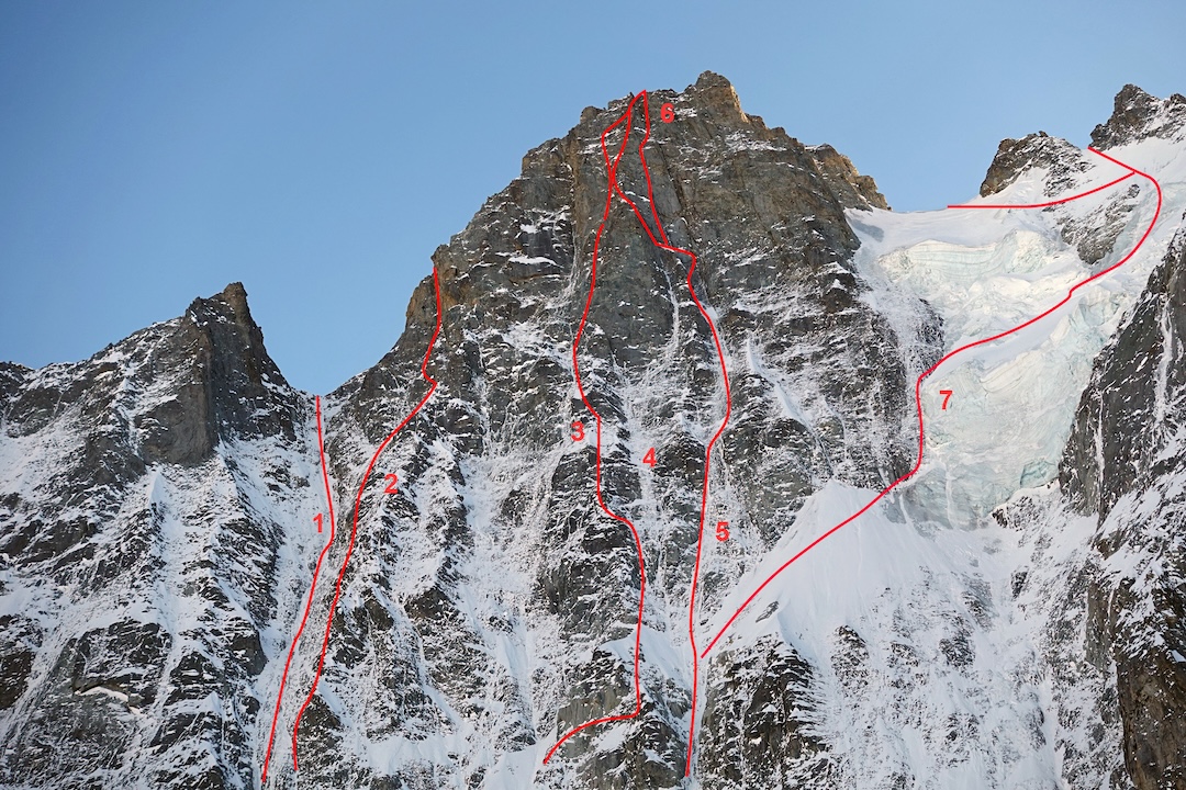 The north face of the Aiguille de Triolet (3,870m). (1) North face of Brèche du Triolet (1960). (2) Charlet-Livacic (1945). (3) North Spur (1967). (4) Inédite. (5) Jin-Go-Lo-Bar (1998). (6) You Didn't Ask. (7) Gréloz-Roch (1931). The 1975 German route follows the big chimney right of You Didn't Ask, approaching it via the right flank of the rock buttress right of Jin-Go-Lo-Bar.