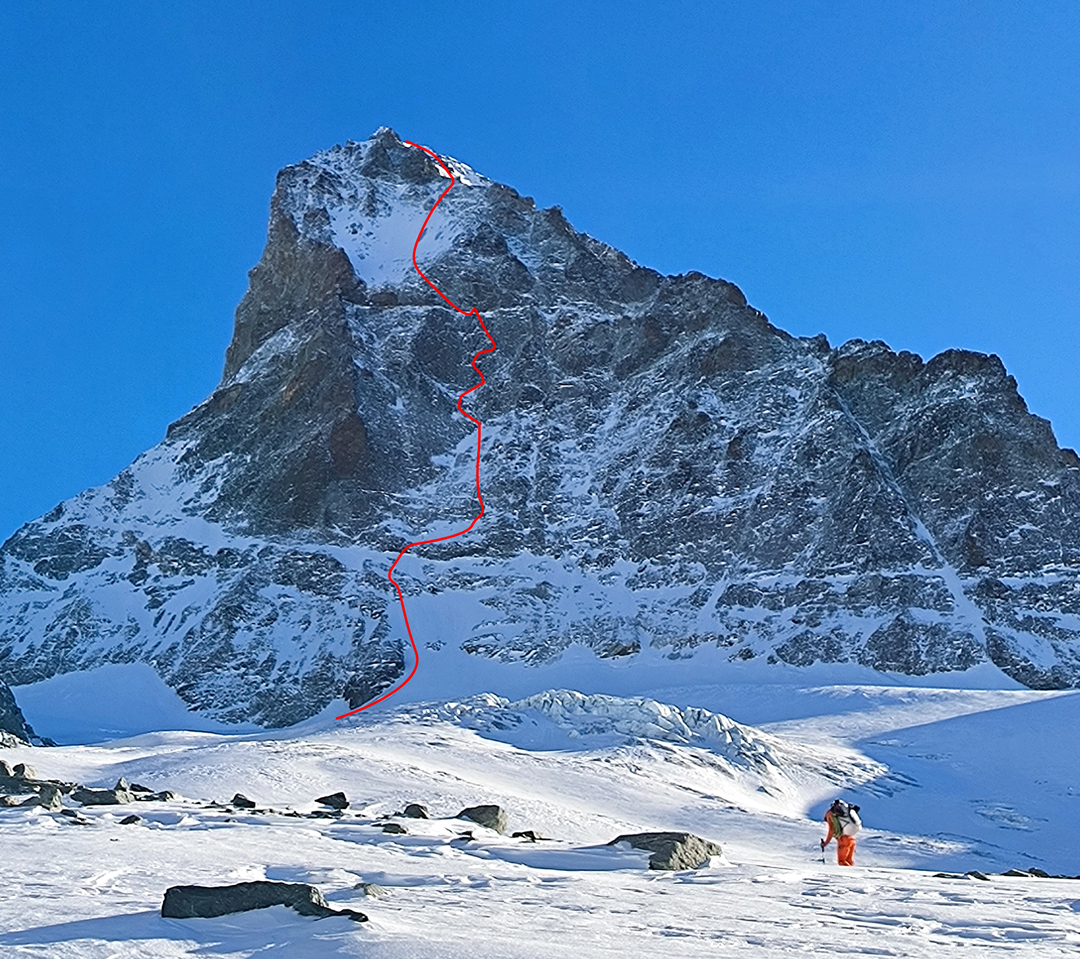 The northwest face of the Dent Blanche and the December 2025 route Le Clin d’Oeil. Earlier routes on the face are not shown. The classic Ferpècle Ridge is the right skyline. 