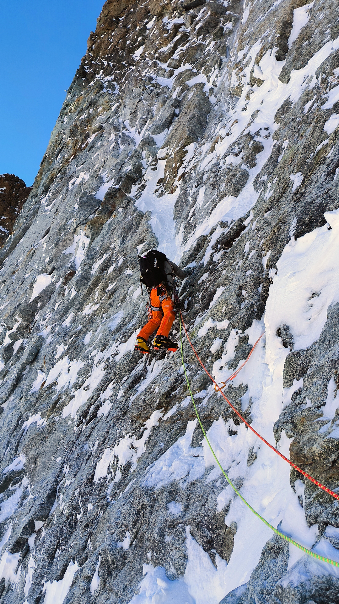 Mixed climbing on the first ascent of Le Clin d’Oeil on the northwest face of the Dent Blanche.