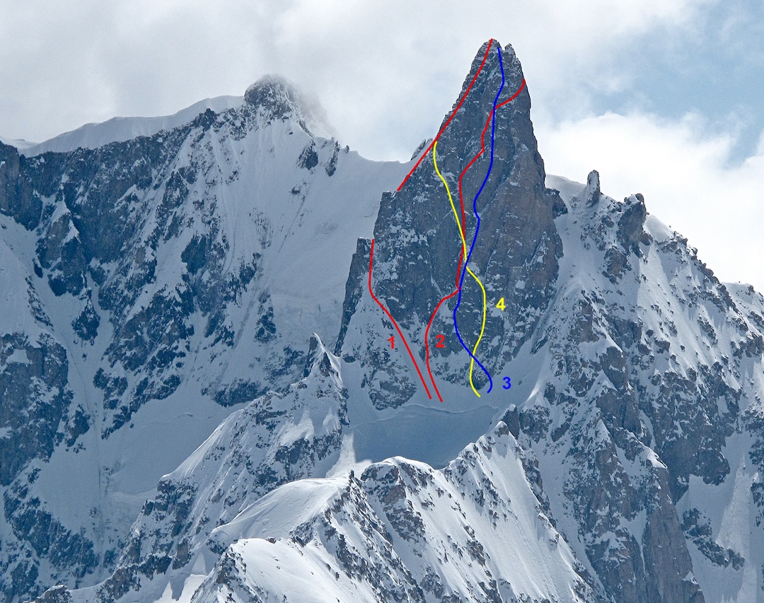 The northwest face of the Dent du Géant. (1) Northwest face and north Ridge (1900/1959). (2) Andreozzi-Padros (2025). (3) Géant dans l'ame (2025). (4) Coeur du Géant (2014). Note: This photo was mislabeled in AAJ 2026; the route lines and labels are correct here.