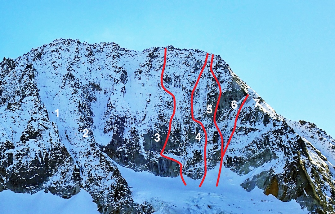 The north face of the Cima Busazza, showing only some of the routes on the face. (1) Pfeiffer-Reif Couloir. (2) North Spur. (3) Dell’Eva-Taddei route. (4) Tomas. (5) A State of Trance. (6) Via Teti. (7) The northwest Ridge (Dibona Route). 
