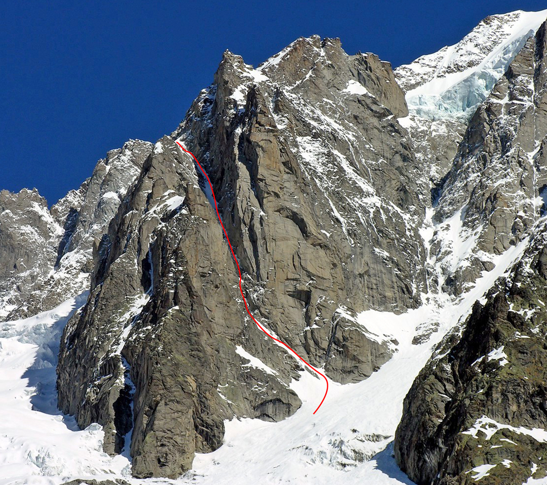 The Tour des Jorasses seen from the southeast with the new ice and mixed line Grand Couloir Milleottocentocinquanta. The granite pillar to the right is home to the classic yet infrequently climbed Grand Diedre South (1970) and several, mainly 1980s, bolted routes. 