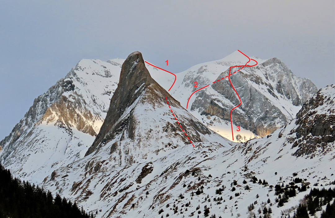 The Grande Casse seen from the west. The main summit is hidden by the foreground rock spire (the Aiguille de la Vanoise). Point Mathews is on the right. (1) the Normal Route (1860, mostly hidden). (2) Messimy Couloir (1894). (3) The Honey Monster (2025, the lower pitches are hidden). 
