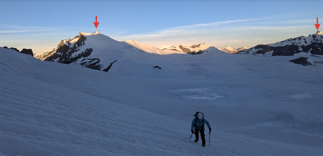 Shar Mathias heading up Spang Nala Dome, with Spang Nala Kangri (marked left) and Sum Nomo Kangri (far right) also climbed the same day.  