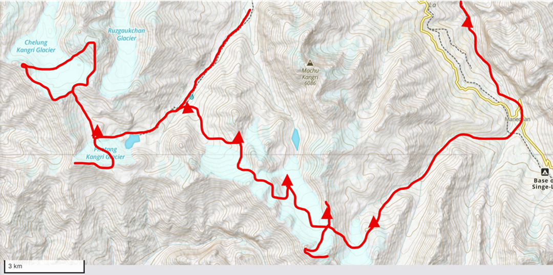 The route followed by Oak Jones and Shar Mathias during their traverse in the Zanskar Range. The pair moved generally from west to east (left to right).