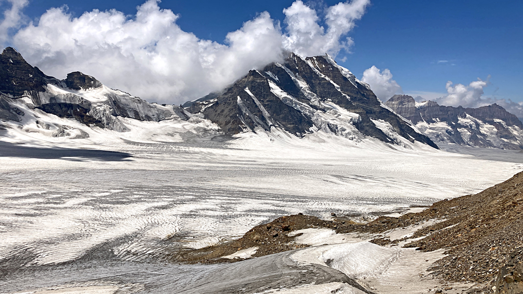 Looking back across the Barmal Glacier from the Sentik La. In the center is South Barmal Peak, while the low saddle to the left is Bara Zagnai Pass. 
