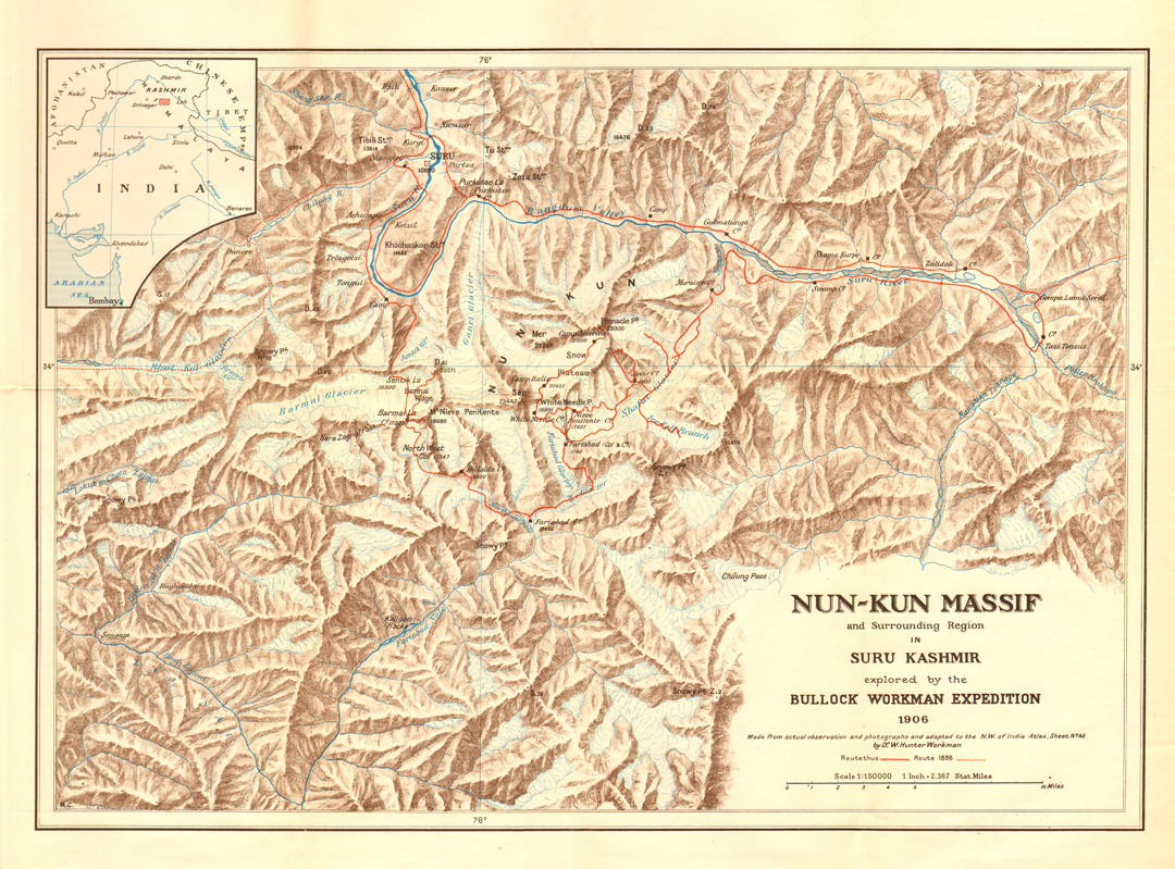 The map made by the Bullock Workmans after their exploration in Kashmir in 1906. The map has some inaccuracies, particularly in the position of Snowy Peak 10 and the western end of the Barmal Glacier.