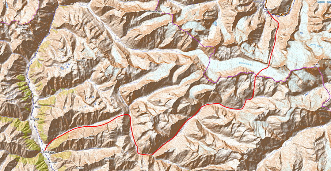 The route followed in 2024 by Zeeshan Mushtaq's party from the Warwan Valley in the west to the Suru Valley—the route followed in reverse by C.E. Barton and Dr. Arthur Neve in 1902.