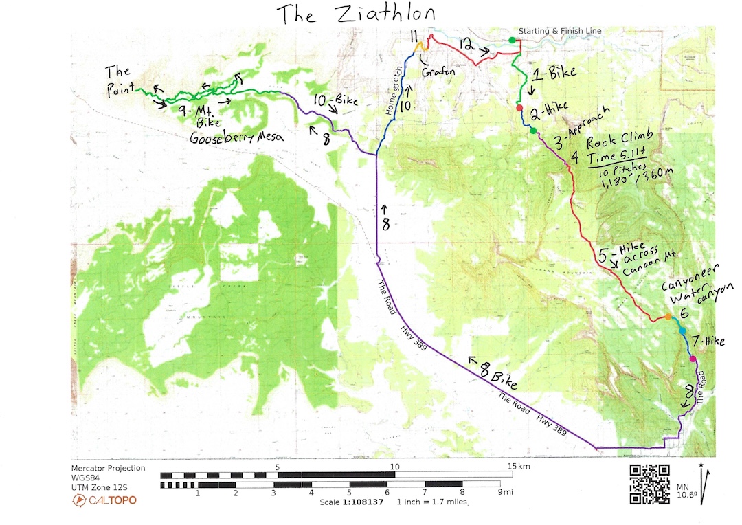 Map of the "Ziathlon," a bike, hike, climb, and canyoneering adventure conceived to mark the completion of the route Time in Canaan Mountain Wilderness.