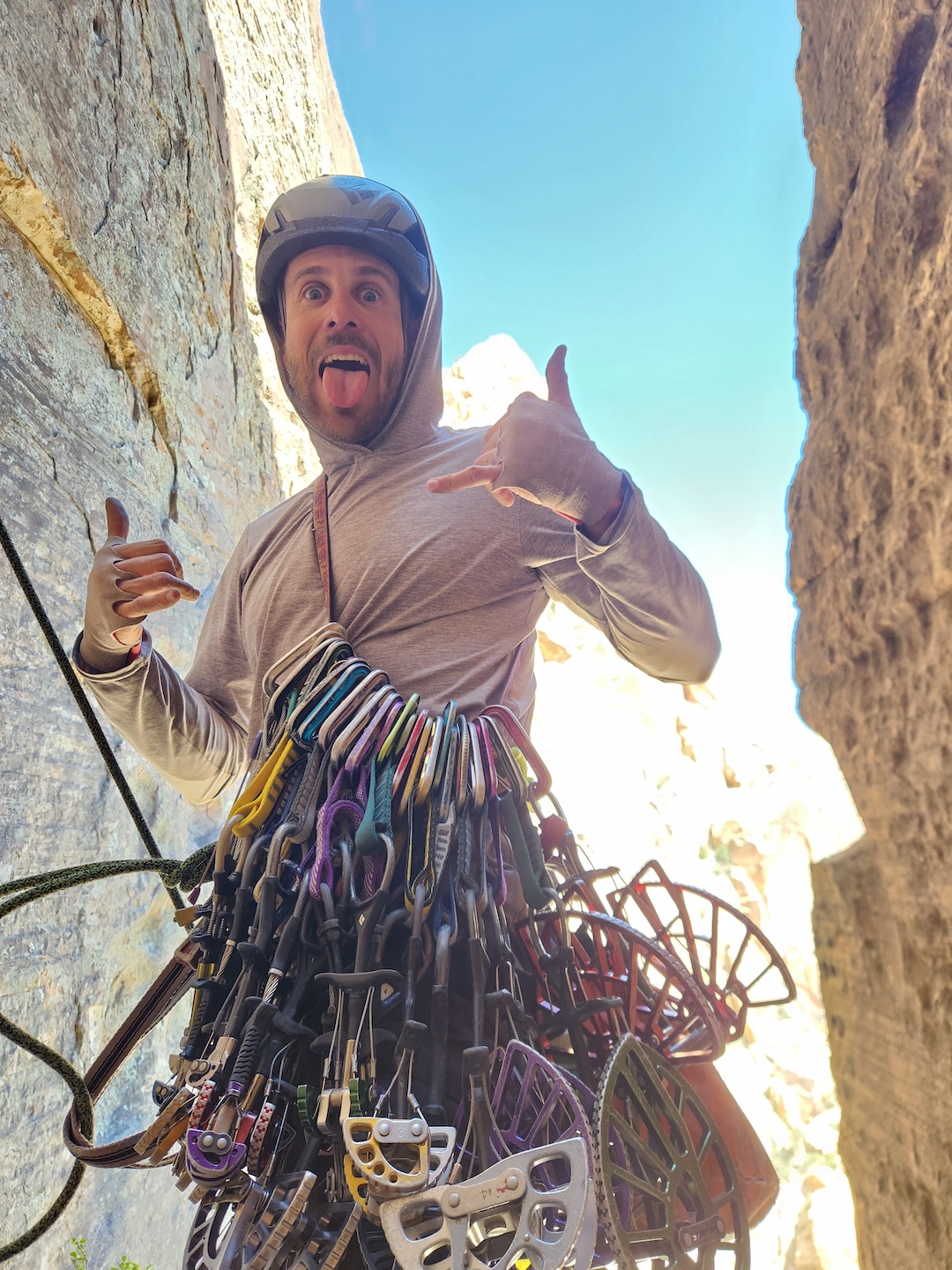 Danny Urioste about to lead the third-pitch chimney on Fin Baggin’ Society (8 pitches, IV 5.11- PG-13), on the Horseshoe Wall, Mt. Wilson, Red Rock National Conservation Area, Nevada.