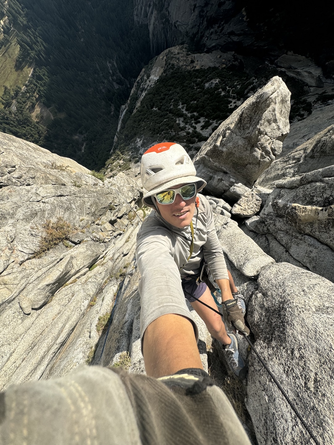 Taylor Martin climbing on Dirt Worm, Yosemite Falls Wall.