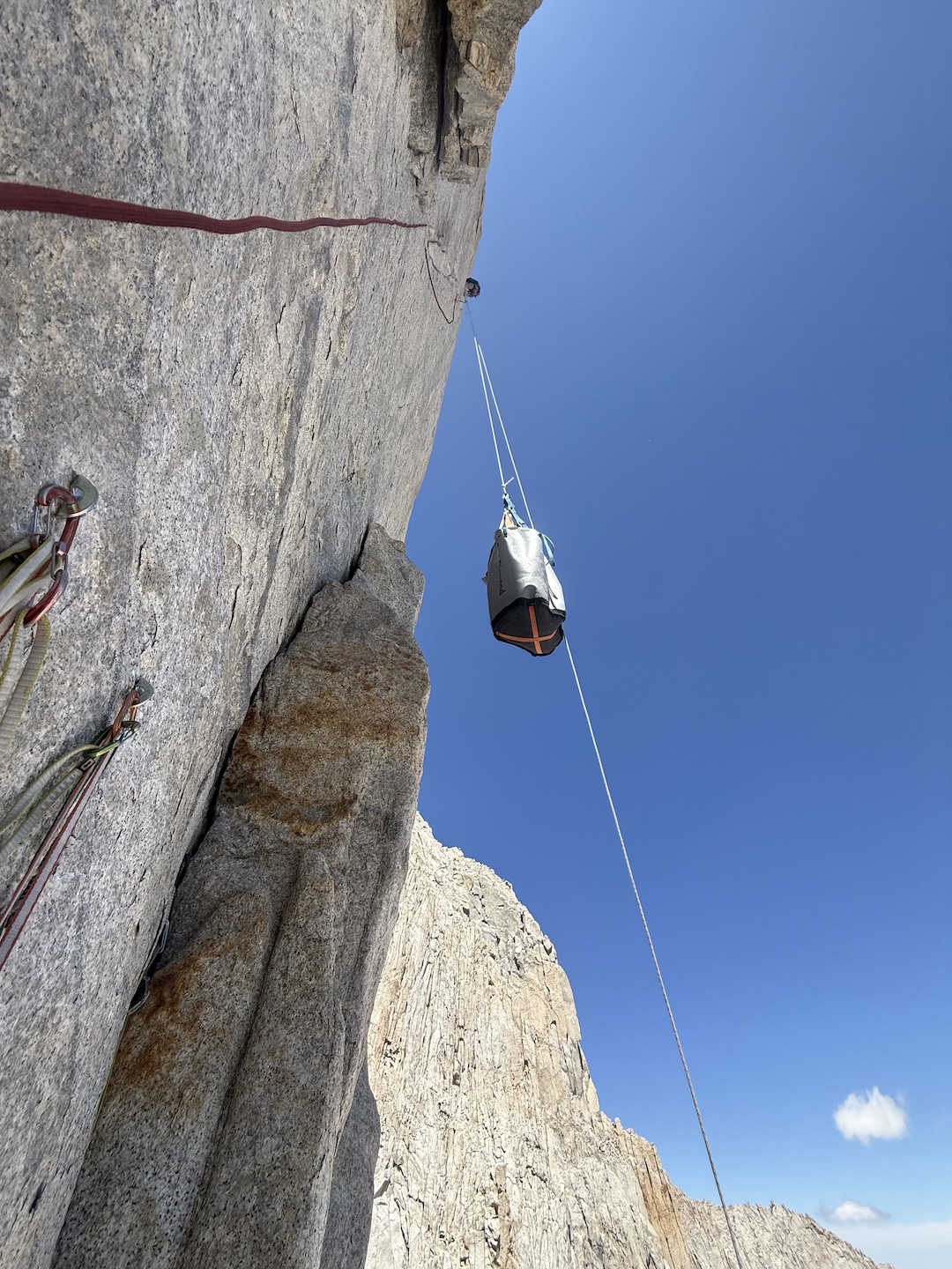 The haul line on pitch 12, the Psilocybin Splitter (5.12c), gives an idea of the angle of the headwall on Stoned Ape Hypothesis. The pitch below, Full Tilt, is the only one on the route that did not go free—it is estimated at 5.13a. 