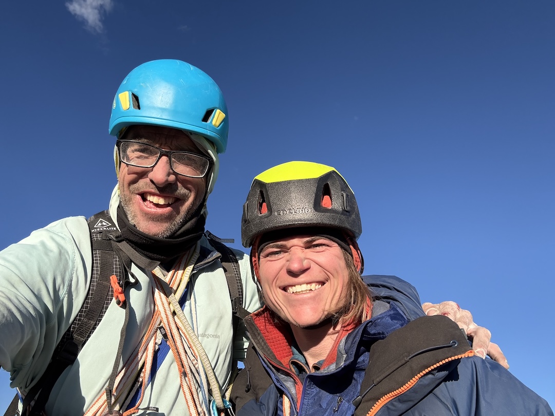 Myles Moser and Harry Kinnard on the summit of Keeler Needle, after completing the first ascent of Stoned Ape Hypothesis. They would return about a month later to free almost the entire route. 