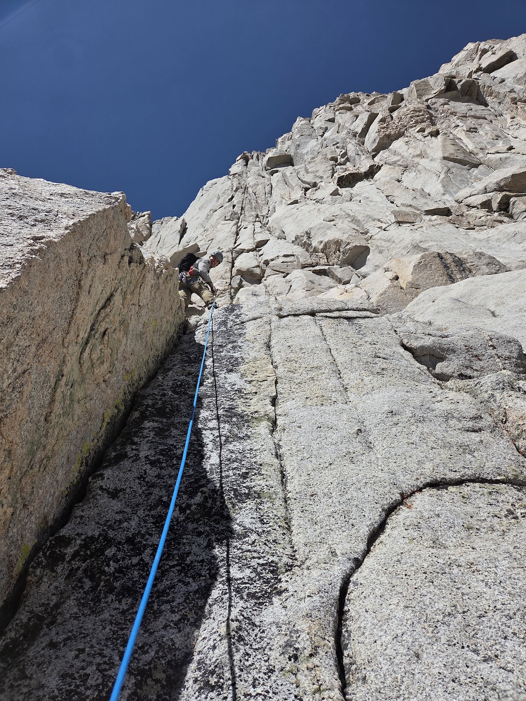 Andrew Tumbusch down low on The Conclavity (900’, 5.9), the first route up Sky Blue Spire 3. 