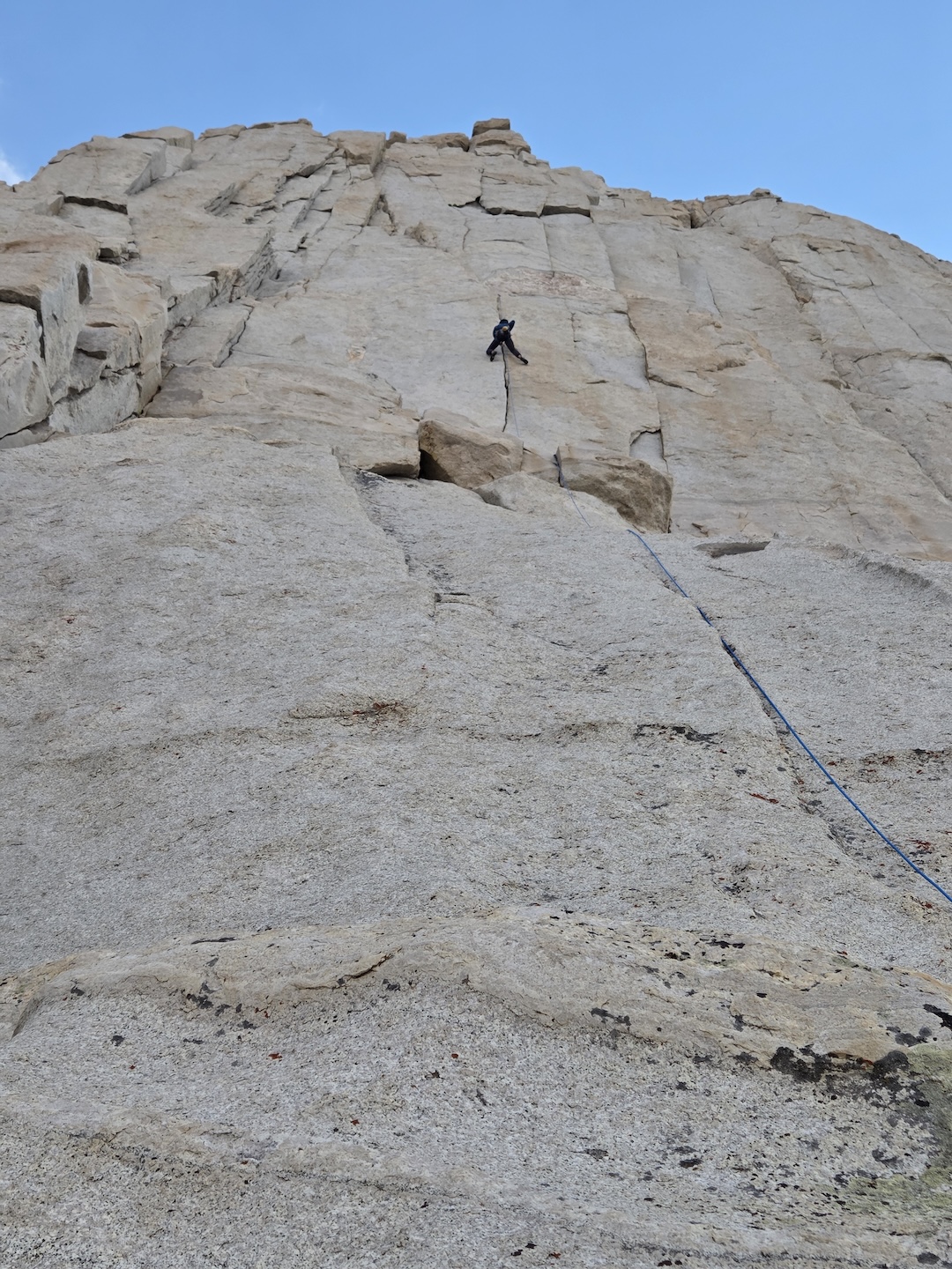 Daniel Dunn on the crux pitch of Spankin’ the Marmot (a.k.a. Andrew’s Crack, 1,000’, 9 pitches, 5.12-) on the Sky Blue Diamond. 