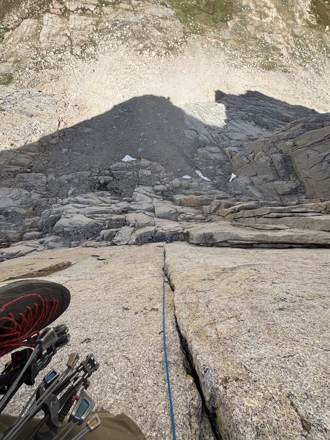 Looking down the crux pitch of Spankin’ the Marmot, a.k.a. Andrew’s Crack. 