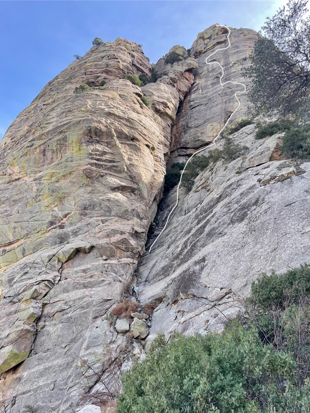 Baked and Loaded (950’, 9 pitches, III 5.10 PG-13), on the northwest face of the Potato, in Mendoza Canyon, Coyote Domes Wilderness. 