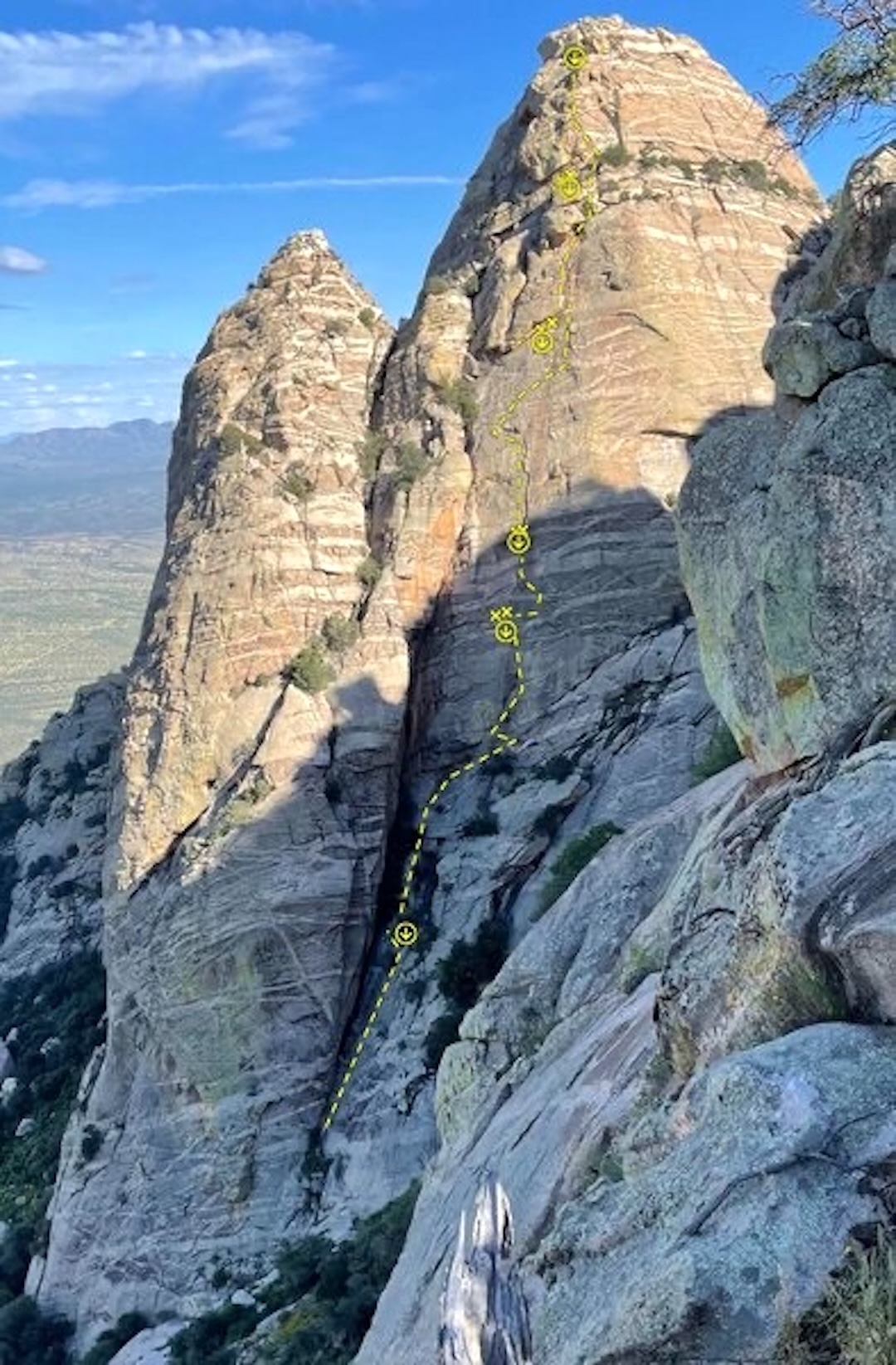 Baked and Loaded (950’, 9 pitches, III 5.10 PG-13) on the northwest face of the Potato, with belays marked. 