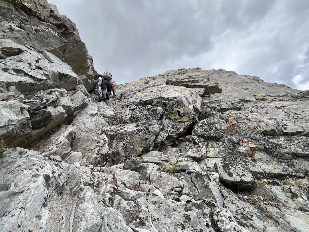 Scrambling near the top of the south ridge of Cobb Peak.