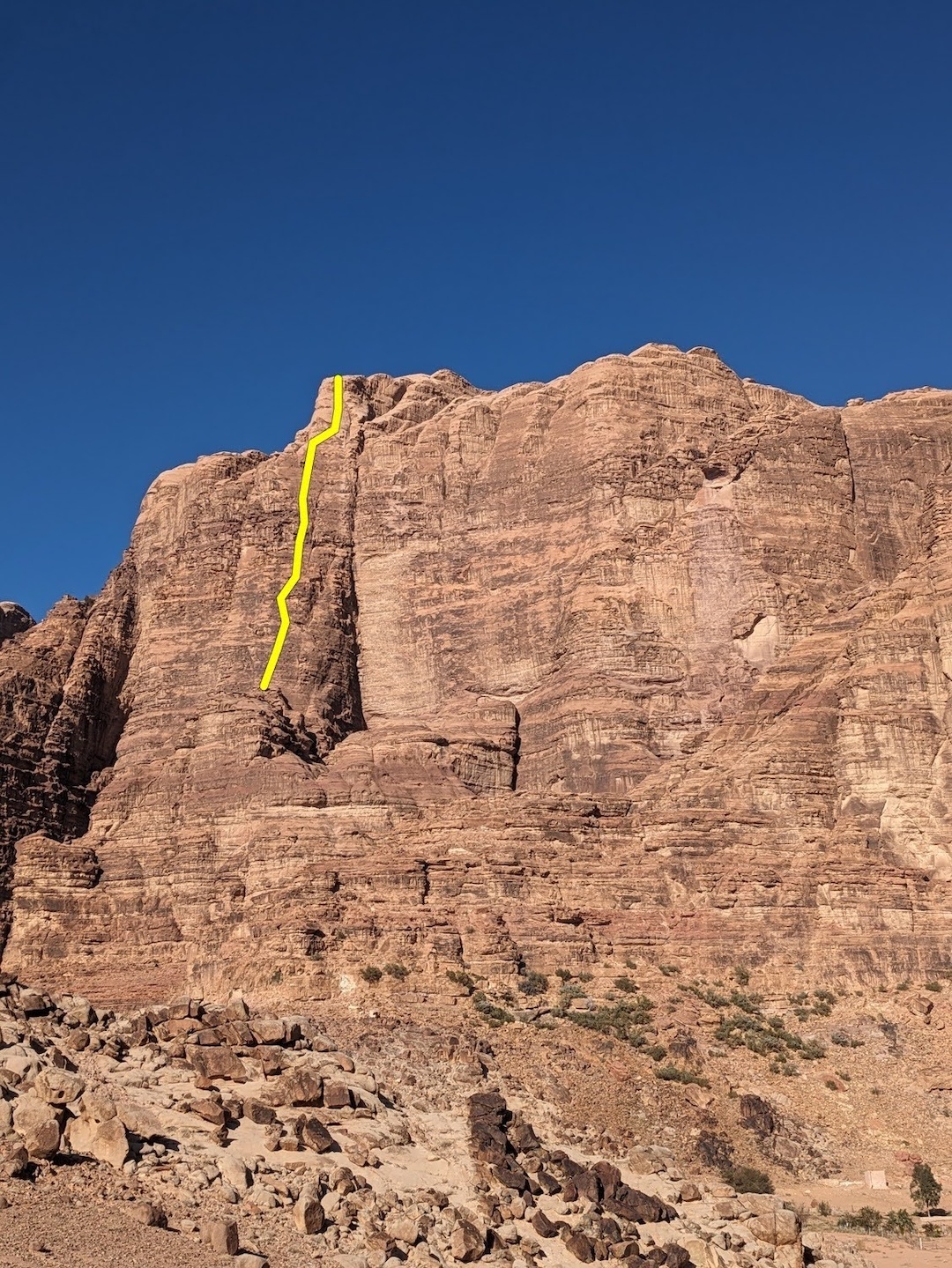 The line of Abu Khalifa (12 pitches, 5.10+) on Jebel Rum. 
