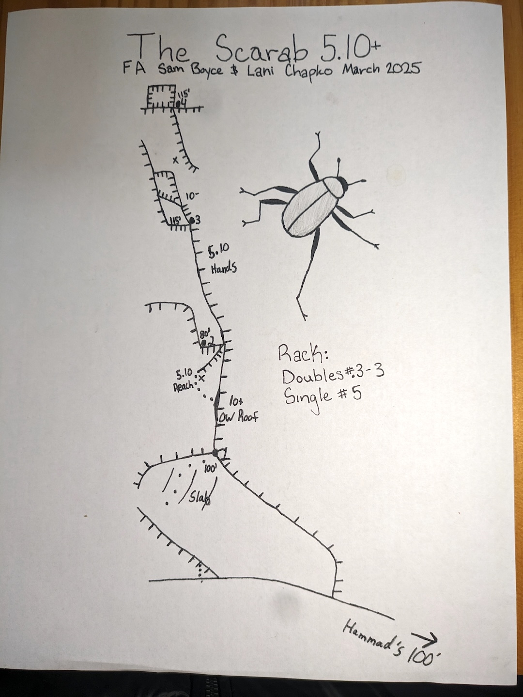 Topo for the Scarab (4 pitches, 5.10+) on Jebel Rum. 
