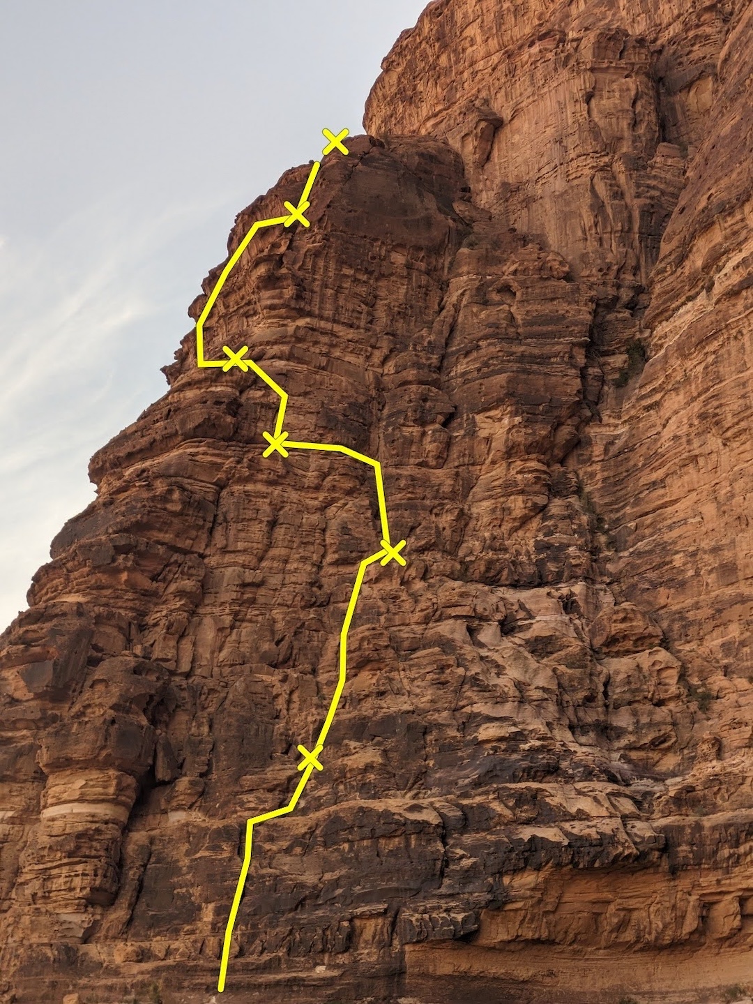 The lower route on Muad’Dib (11 pitches, 5.10b) on Jebel Rum. 
