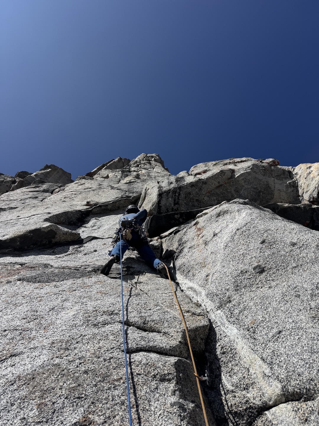 Marc Hanselman leading the final pitch (5.10a) of A Beast the Color of Winter (7 pitches, 800’, IV 5.12b). 
