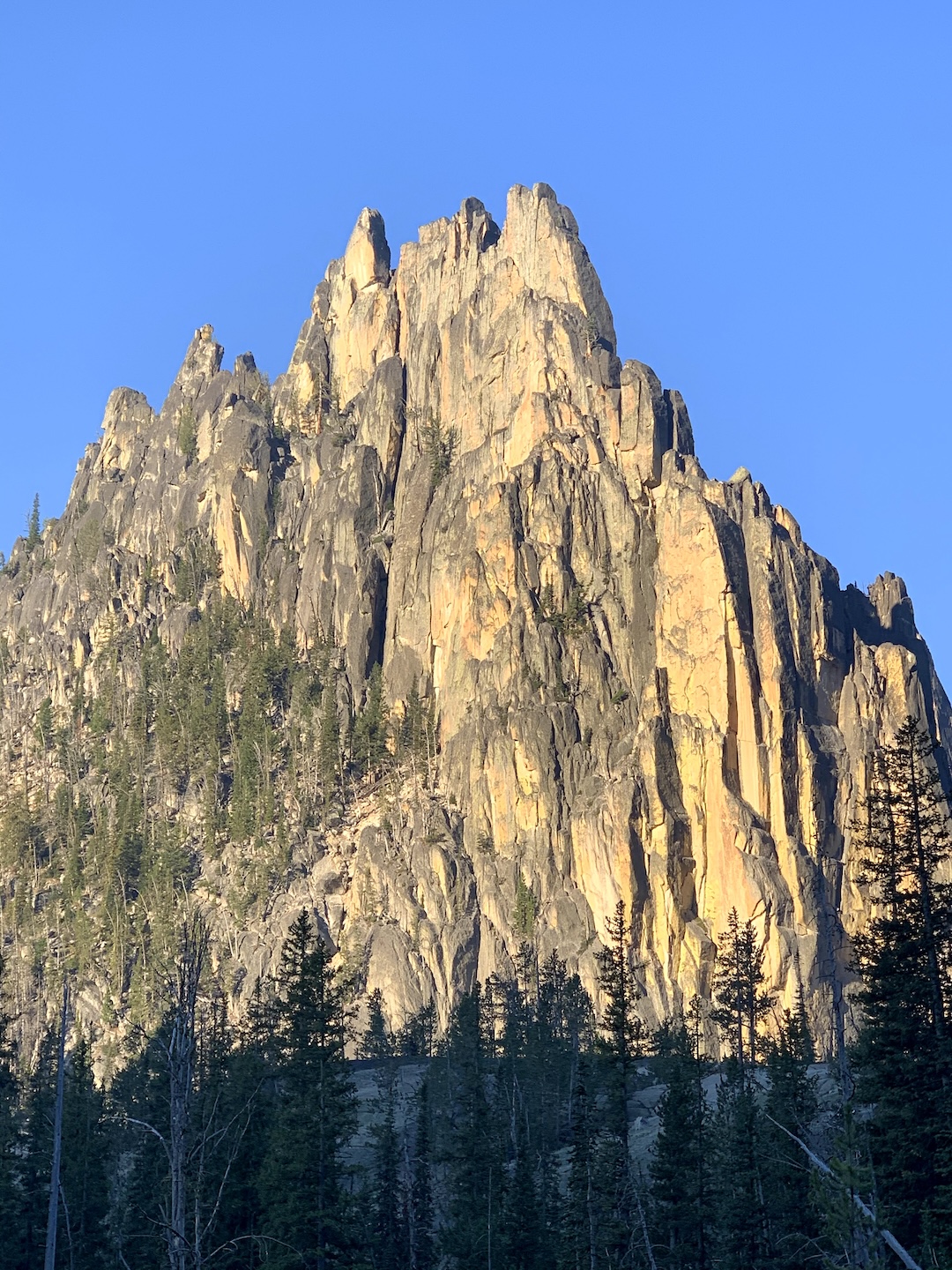 Lighthouse Tower on Wolf’s Fang Ridge: The five-pitch Idahome (5.11a) ascends near the center of the formation. 
