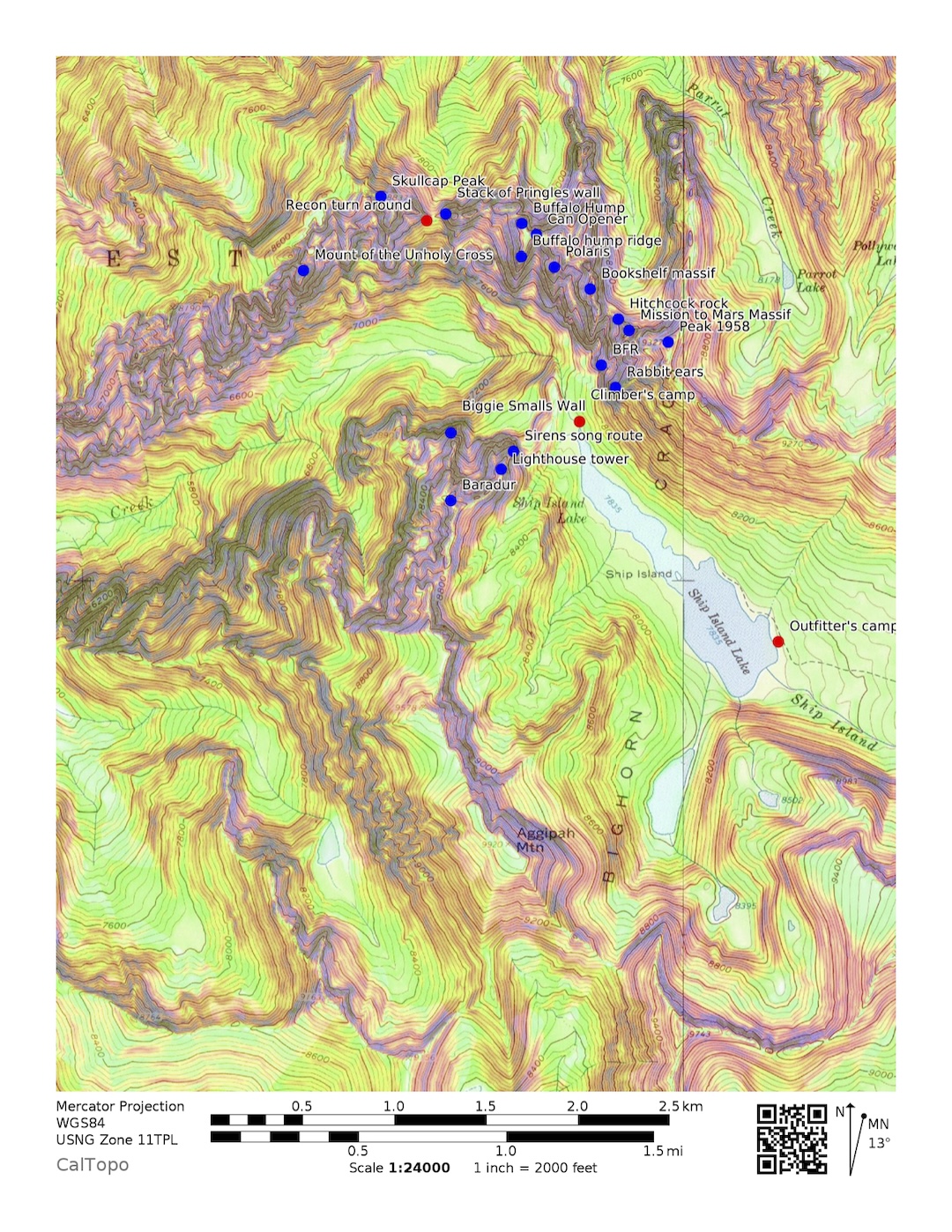 Map of named formations north of Ship Island Lake.