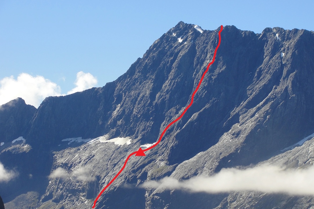 The line of the Pregnant Porter, the first ascent of the west face of Mt. Grave. 