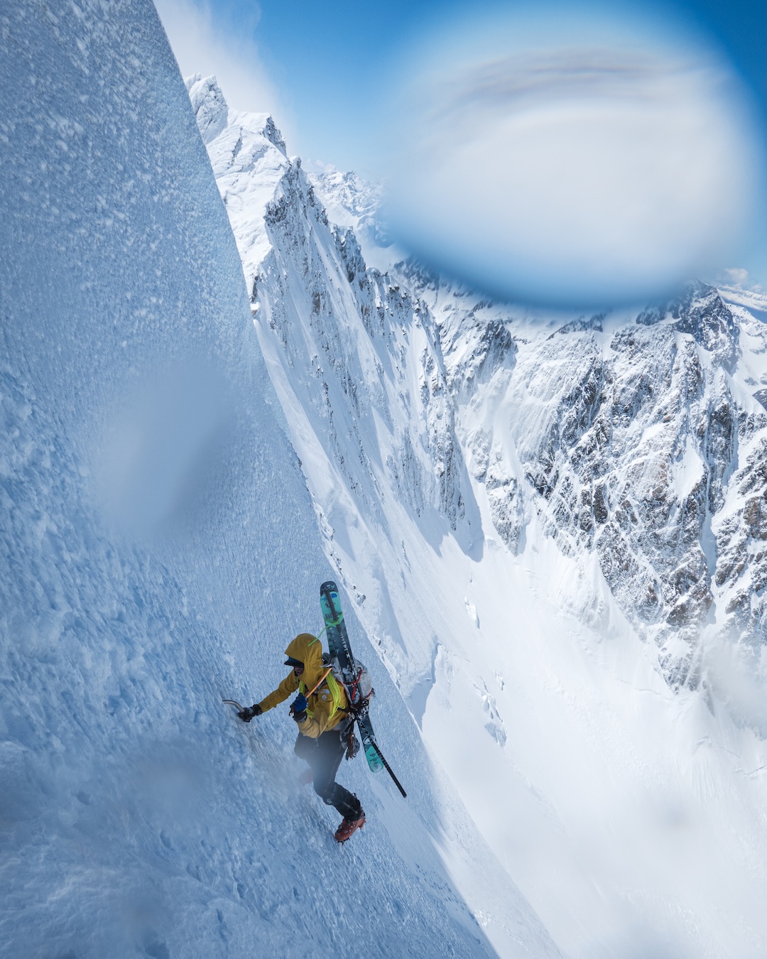Will Rowntree battling up the south face of Lendenfeld Peak in gale-force winds en route to the first ski descent of the south face. 