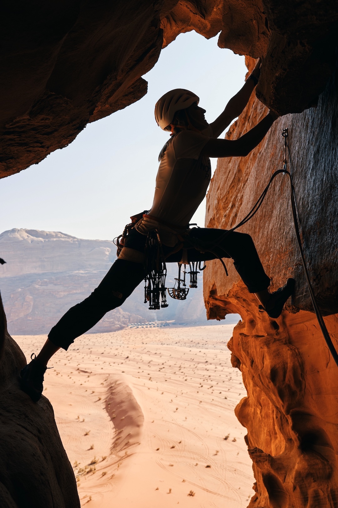 Fay Manners turning a roof on Mukatila, a new route up the east pillar of Jebel Nassrani South. 