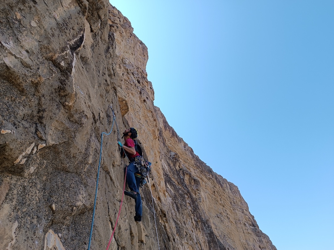 Marco Ghisio establishing pitch two (6c) of Drips of Joy (500m, 7b max, 7a mandatory), Said Wall. 