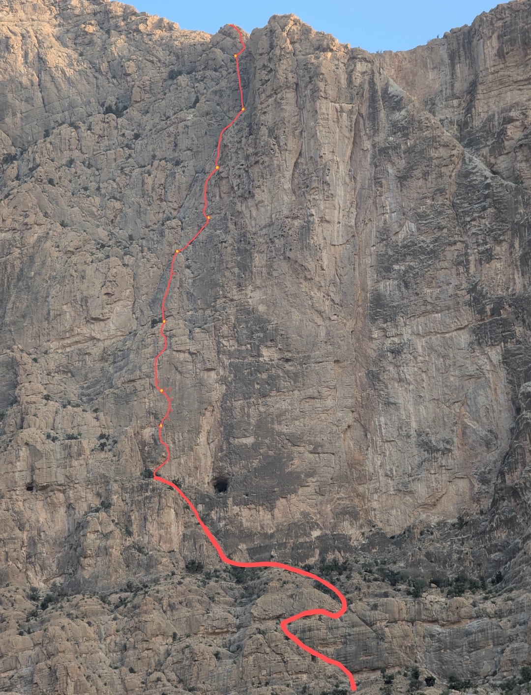 The line of Drips of Joy (500m, 7b max, 7a mandatory) on the Said Wall. 
