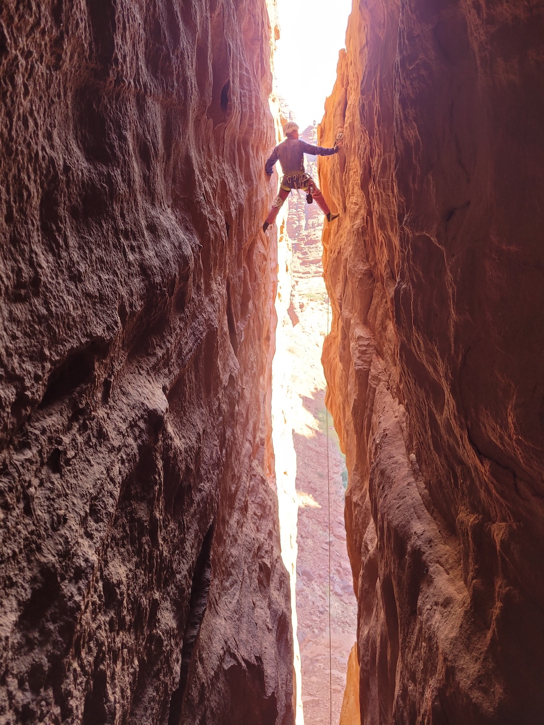 Deep in the chimneys of the original route on Atir Tower. 
