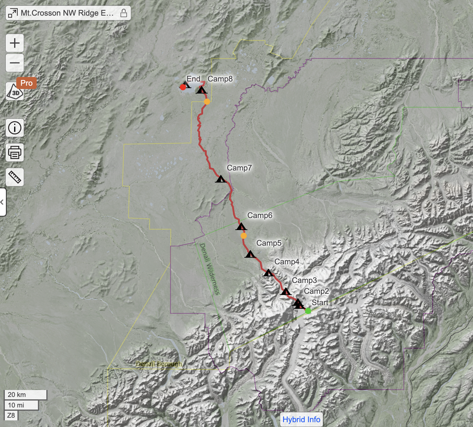 Map of the route taken from Kahlitna Base Camp over the Mt. Crosson group and out the Foraker Glacier and River to Lake Minchumina. The full traverse covered nearly 100 miles. 
