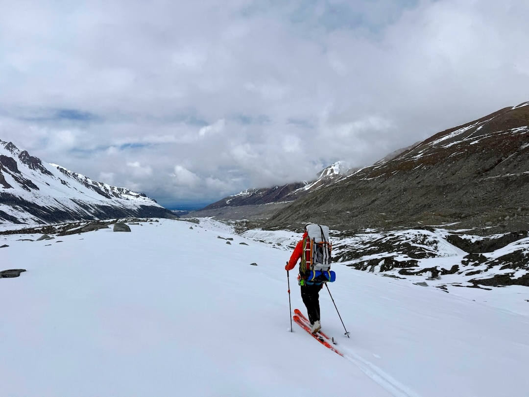 Shawn Jordan enjoying some easy skiing off the Foraker Glacier near the end of day four of the traverse. 
